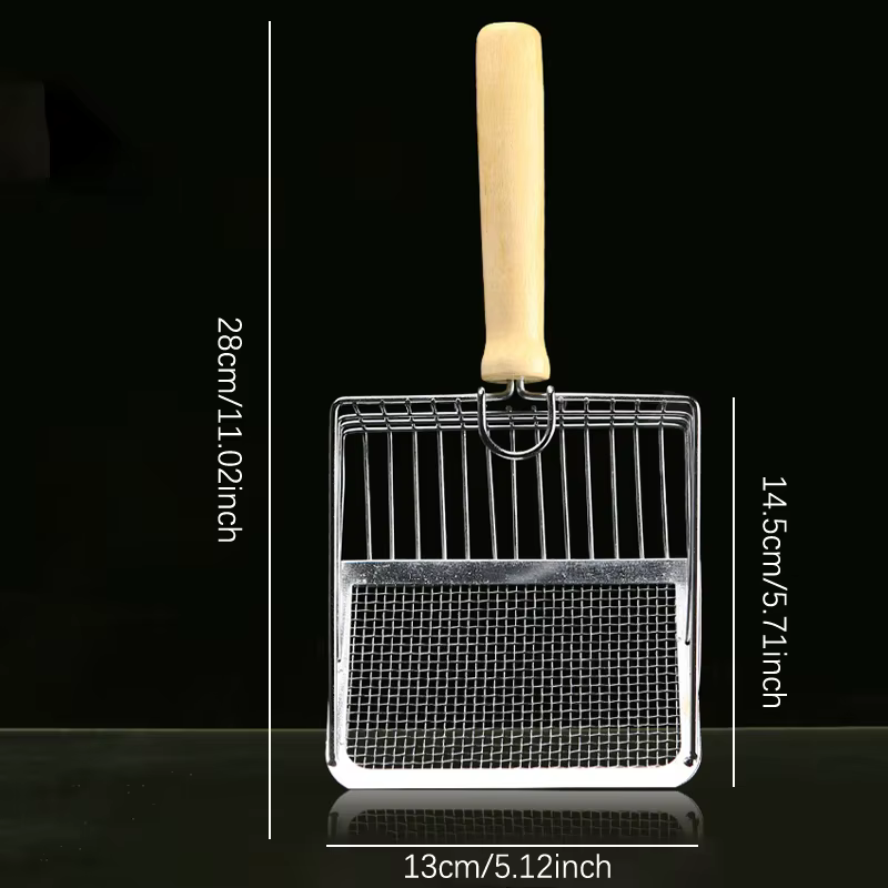 Pala de acero inoxidable con mango de madera para limpieza de arena de gatos