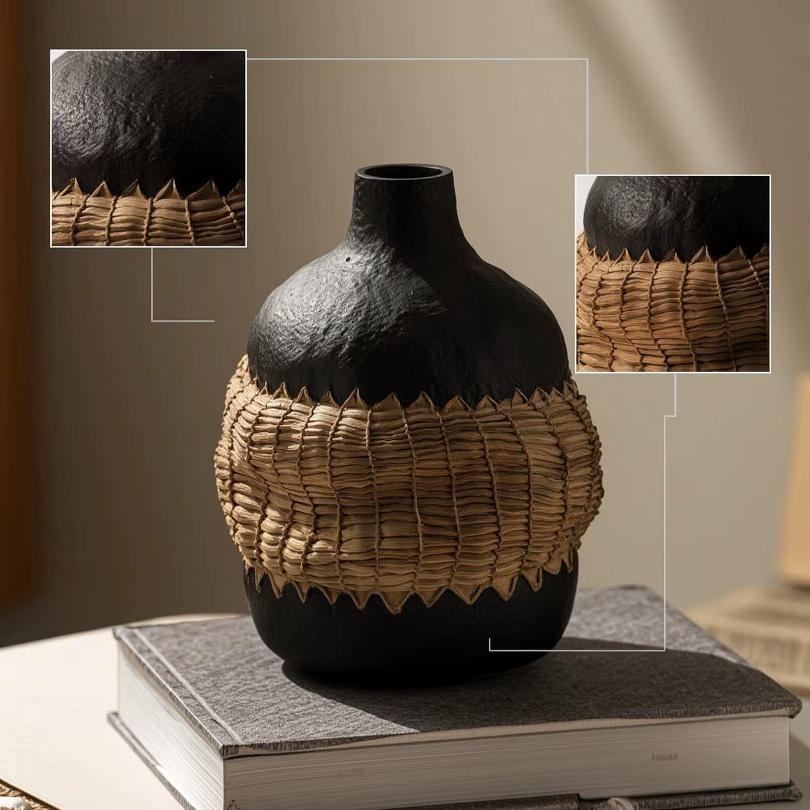Jarrón decorativo vintage de resina con banda tejida – Centro de mesa - imagen 3