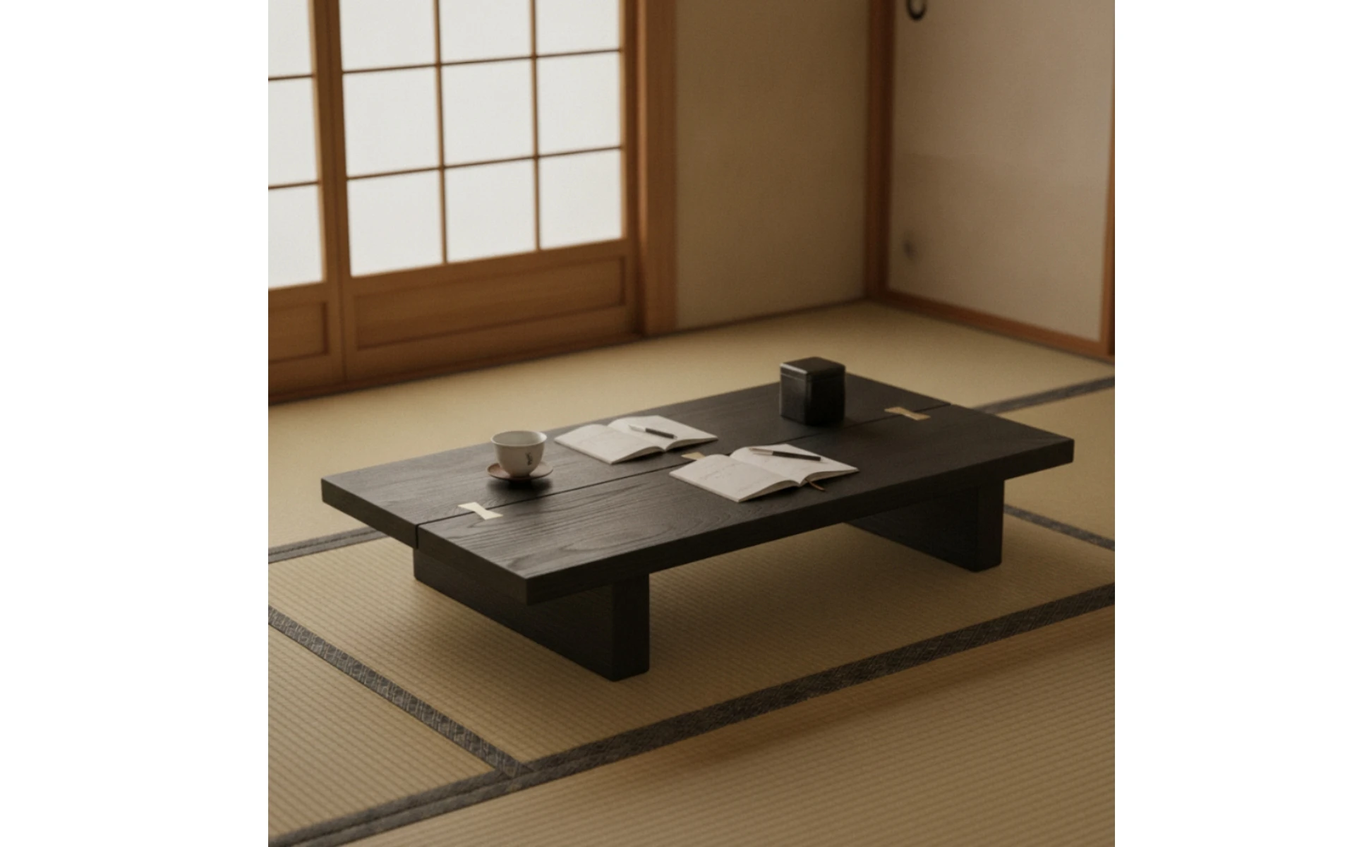 Mesa de té baja con incrustaciones de latón, diseño minimalista para espacios reducidos