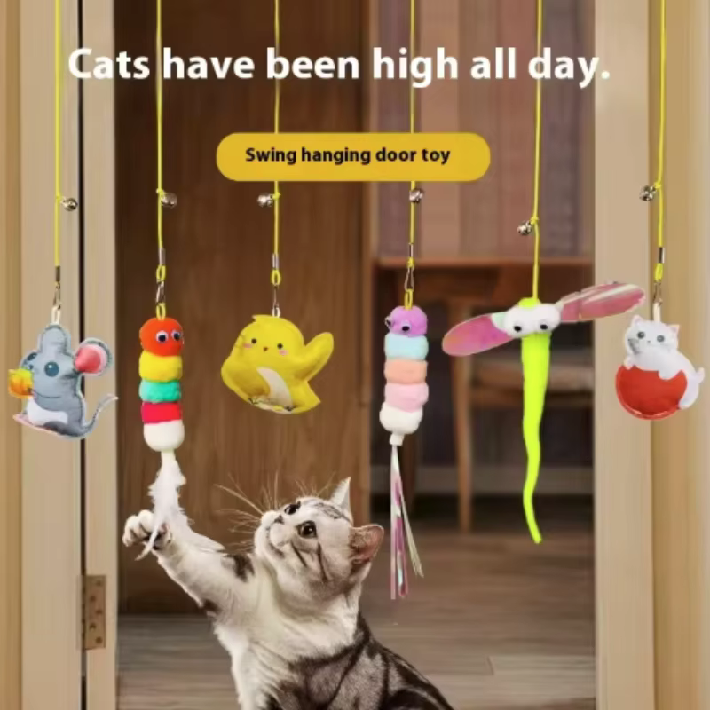 Juguete colgante con plumas para gatos y perros – cuerda elástica