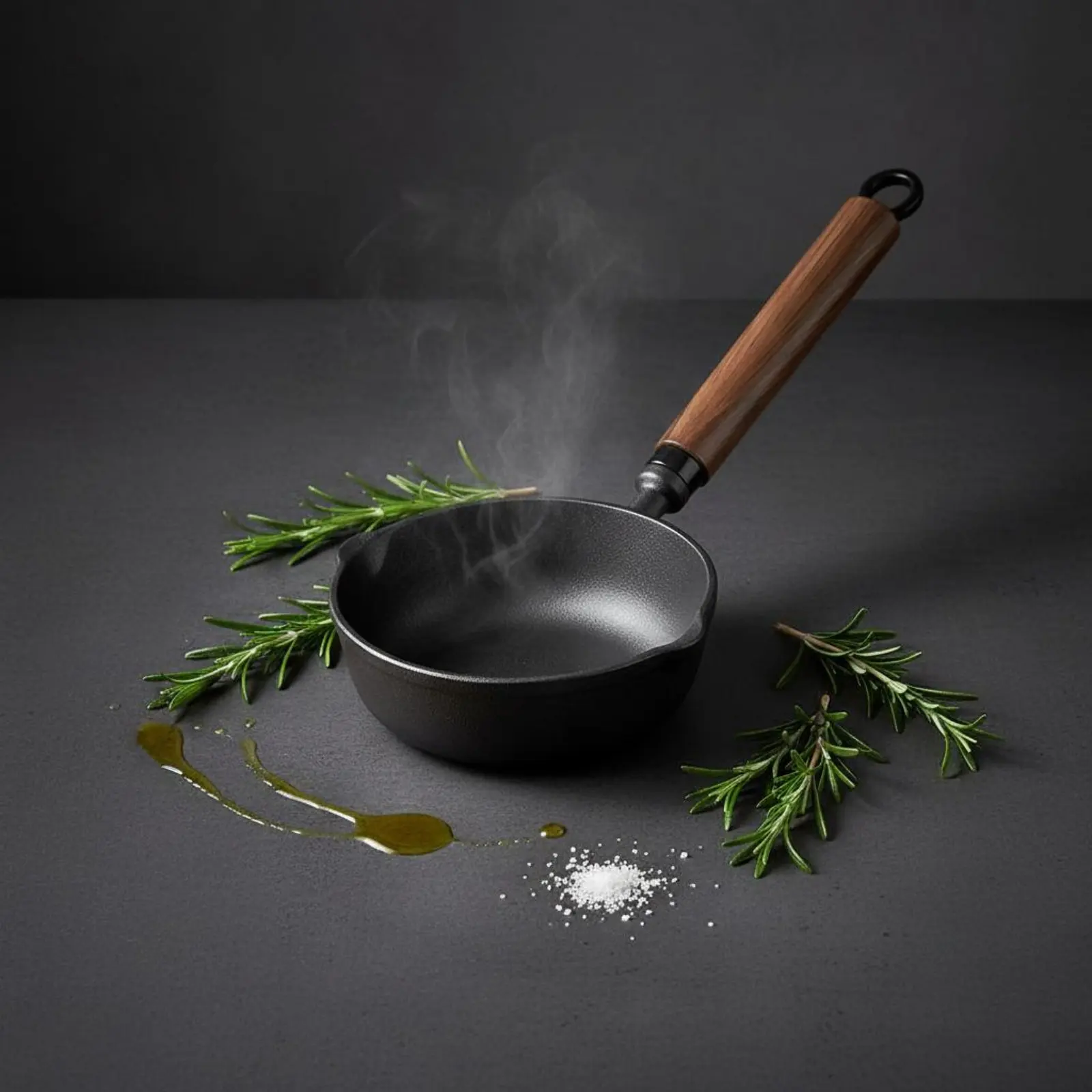 Sartén de hierro fundido para verter aceite, mango largo de madera