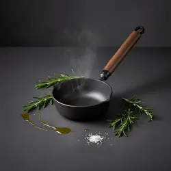 Sartén de hierro fundido para verter aceite, mango largo de madera