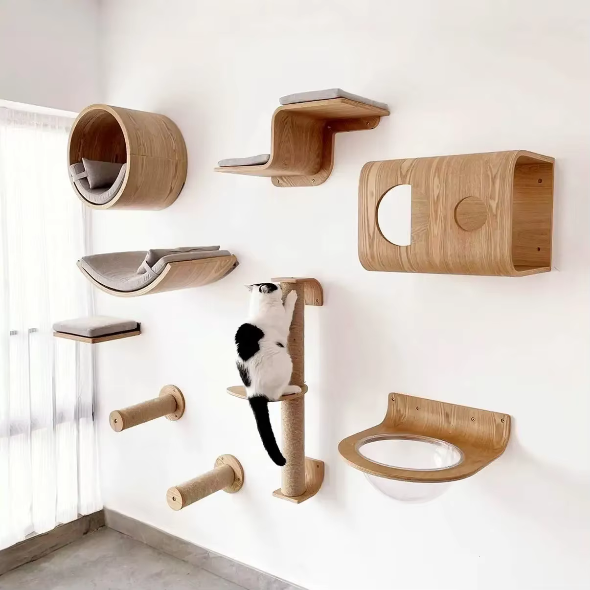 Conjunto mural para gatos con hamaca, escaleras y caseta - imagen 5