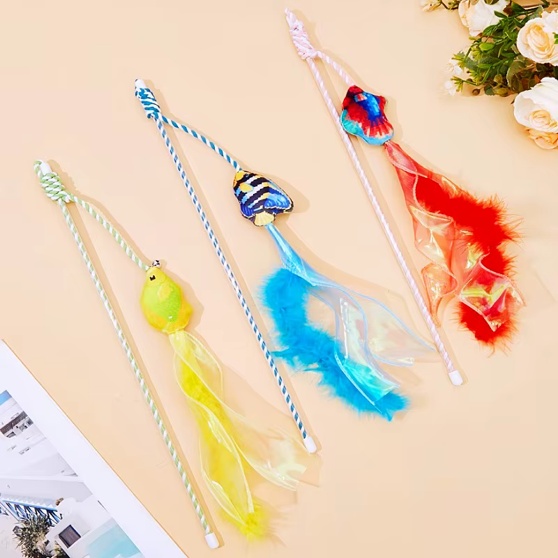 Juguete interactivo para gatos varita de pez plumas y cuerda algodón - imagen 3