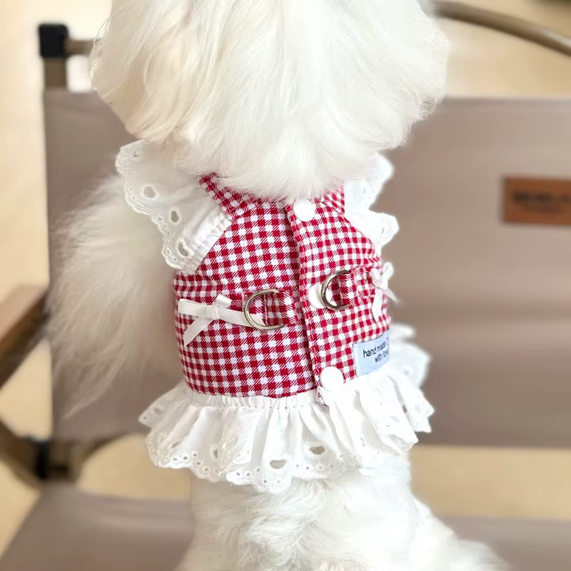Vestido arnés a cuadros con encaje y lazo para perro pequeño - imagen 4