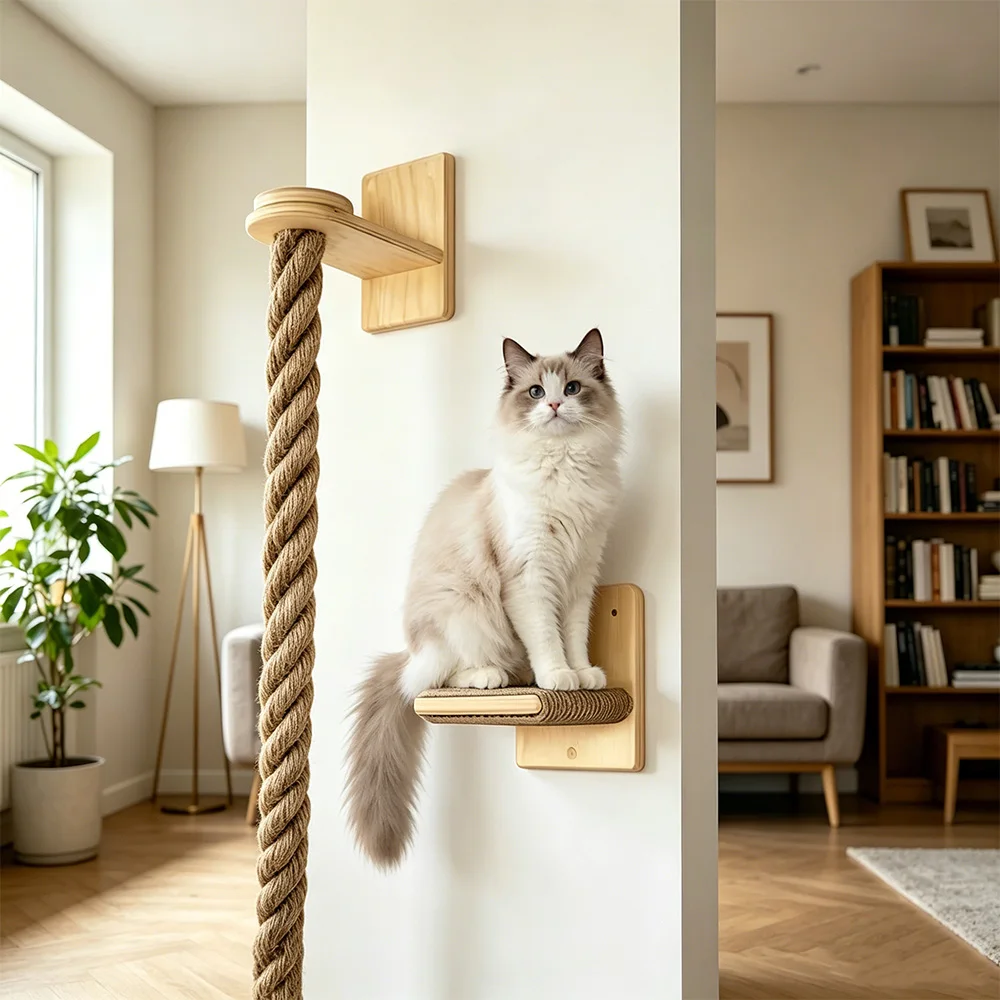 Rascador de pared para gatos con cuerda de sisal y escalón de madera - imagen 2