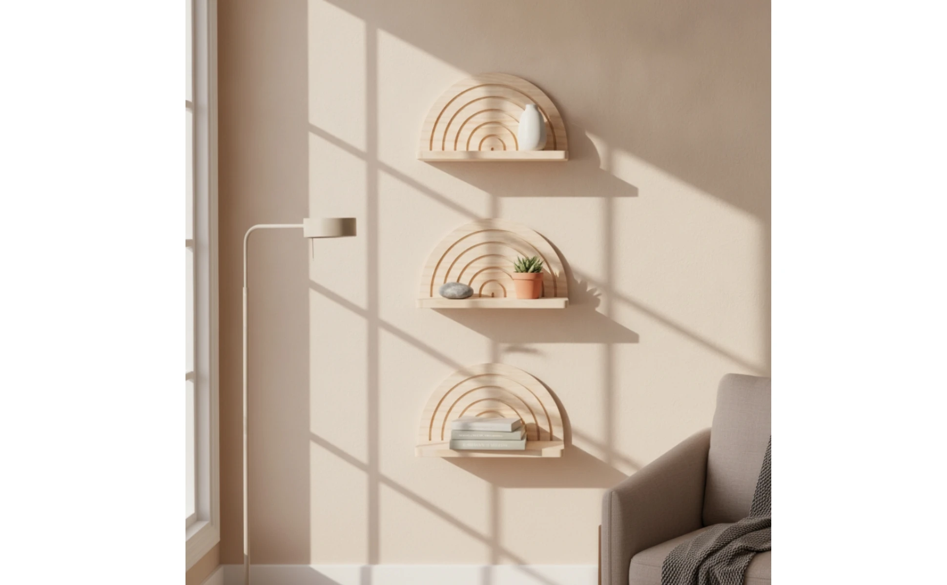 Estante de pared arcoíris de madera clara para decorar espacios de mascotas