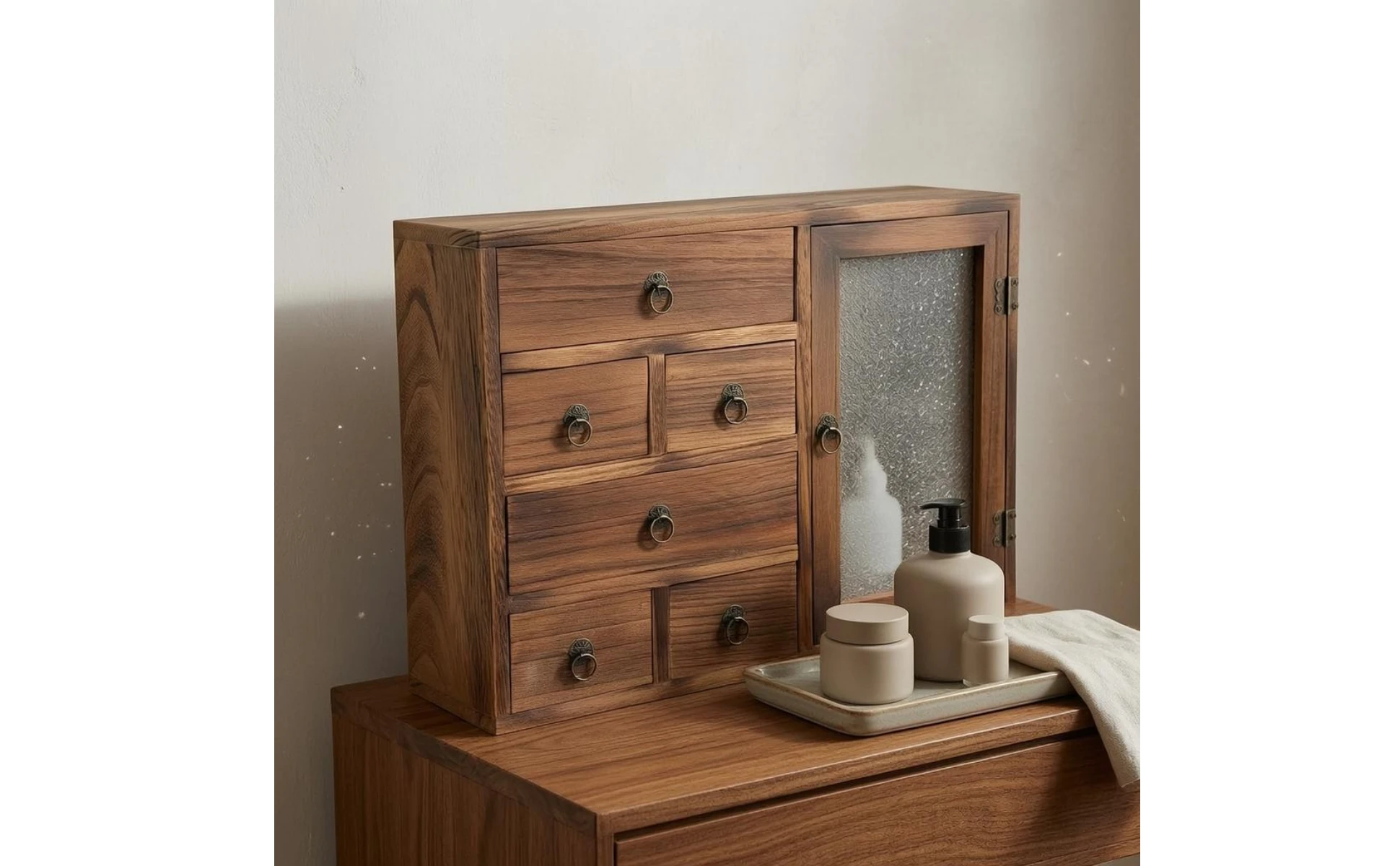 Gabinete de almacenamiento de madera con tiradores circulares y acabado vintage