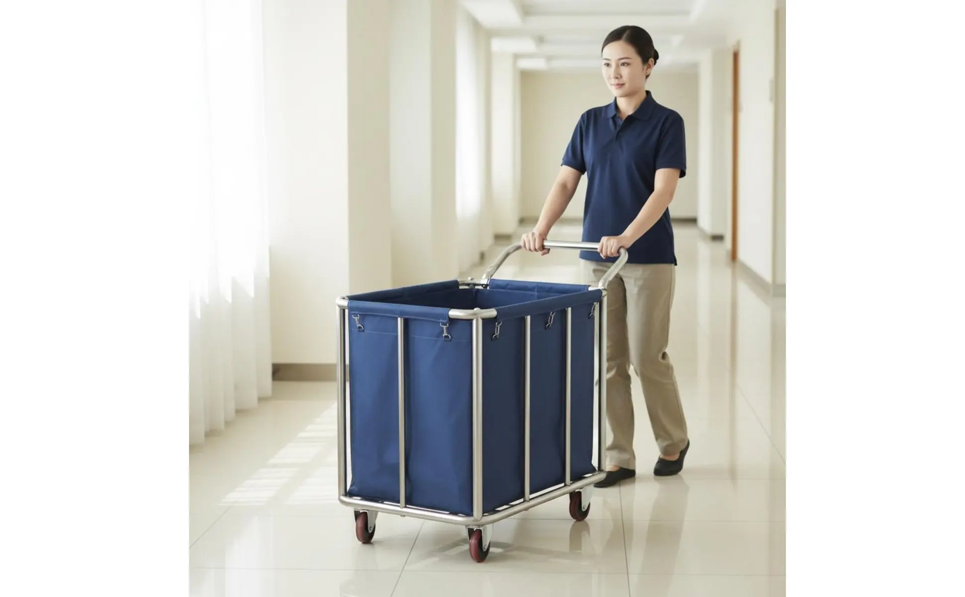 Carrito de lavanderia de acero inoxidable con ruedas para hoteles