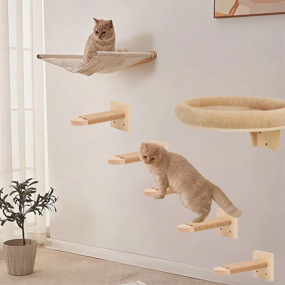 Estante y hamaca para gatos montados en pared