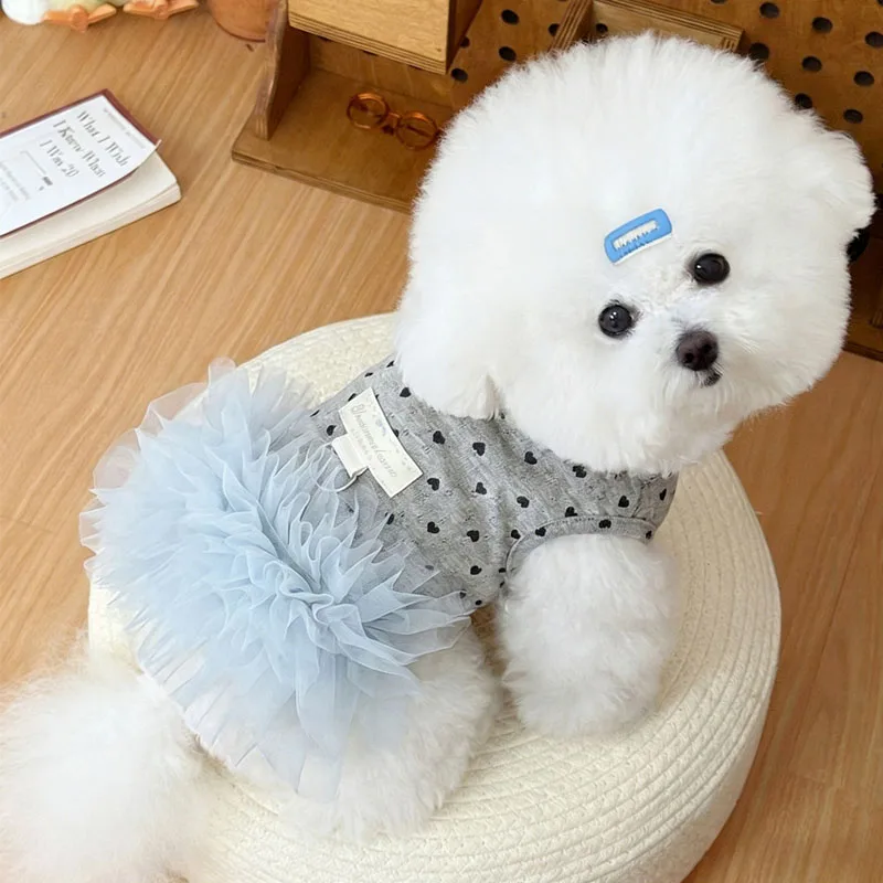 Vestido de malla gris en perro pequeño