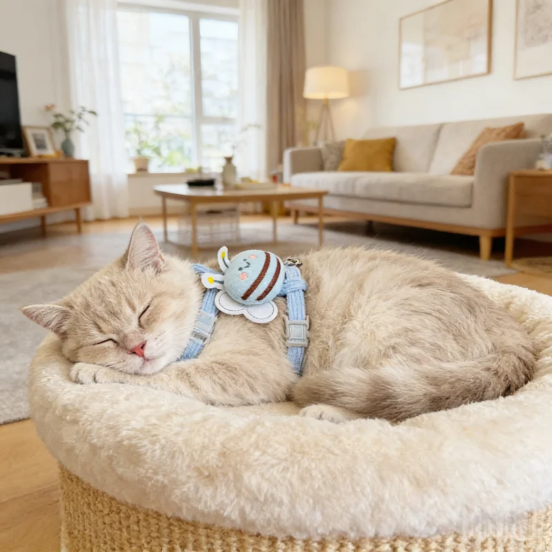 Detalle de tejido suave del arnés para gatos
