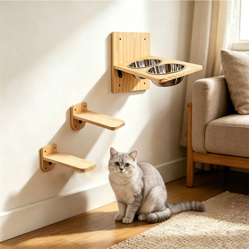 Comedero de pared con estante para gatos