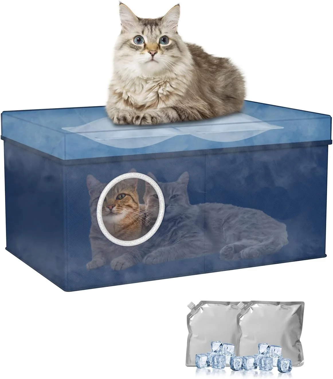 Nido azul claro para gato en posición semicerrada