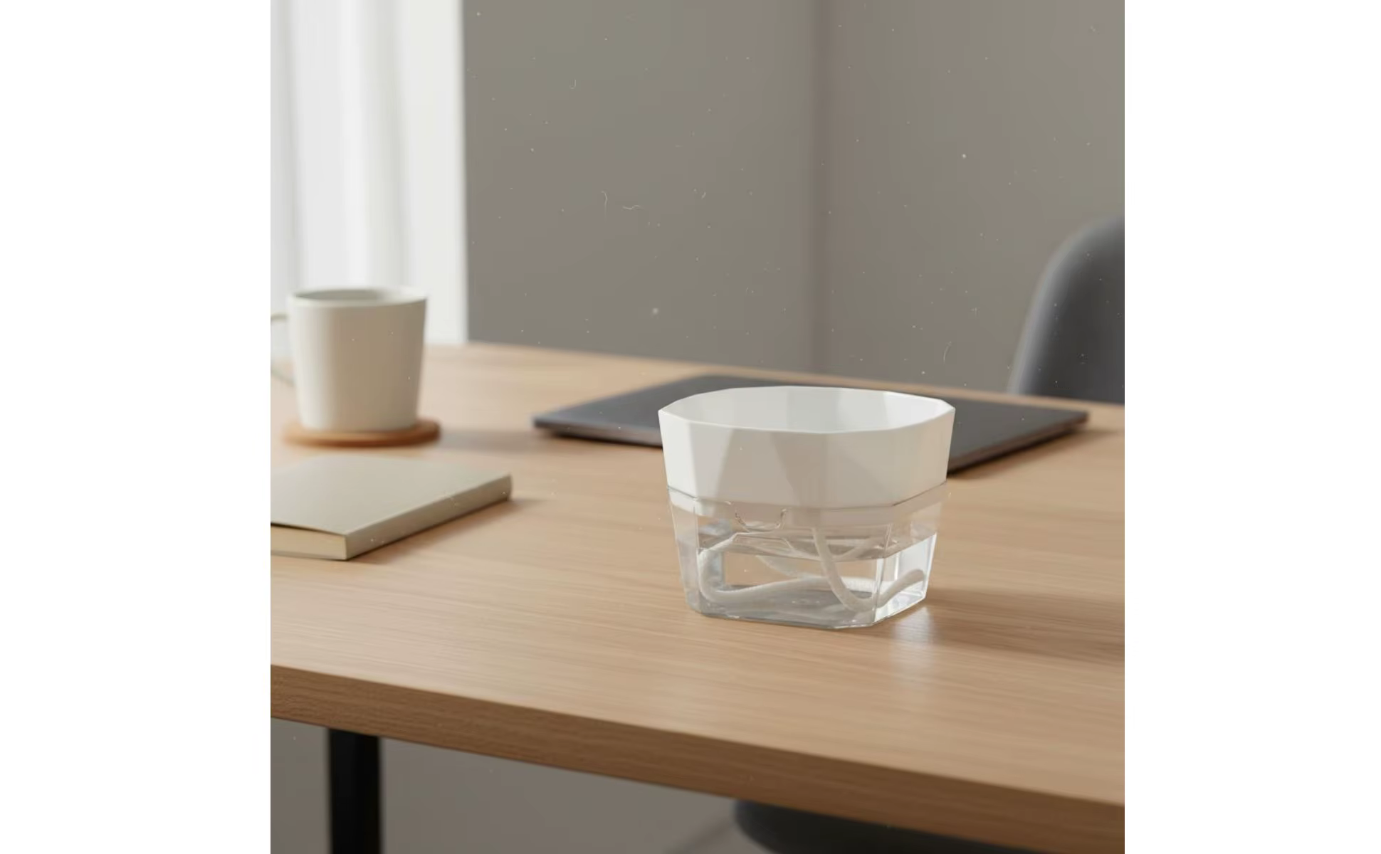 Maceta hidropónica de doble nivel con base transparente y cesta blanca