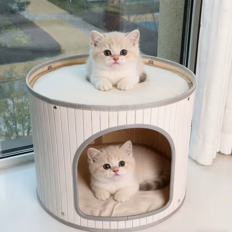 Casa cueva redonda de bambú 2 en 1 para gatos, desmontable transpirable - imagen 5