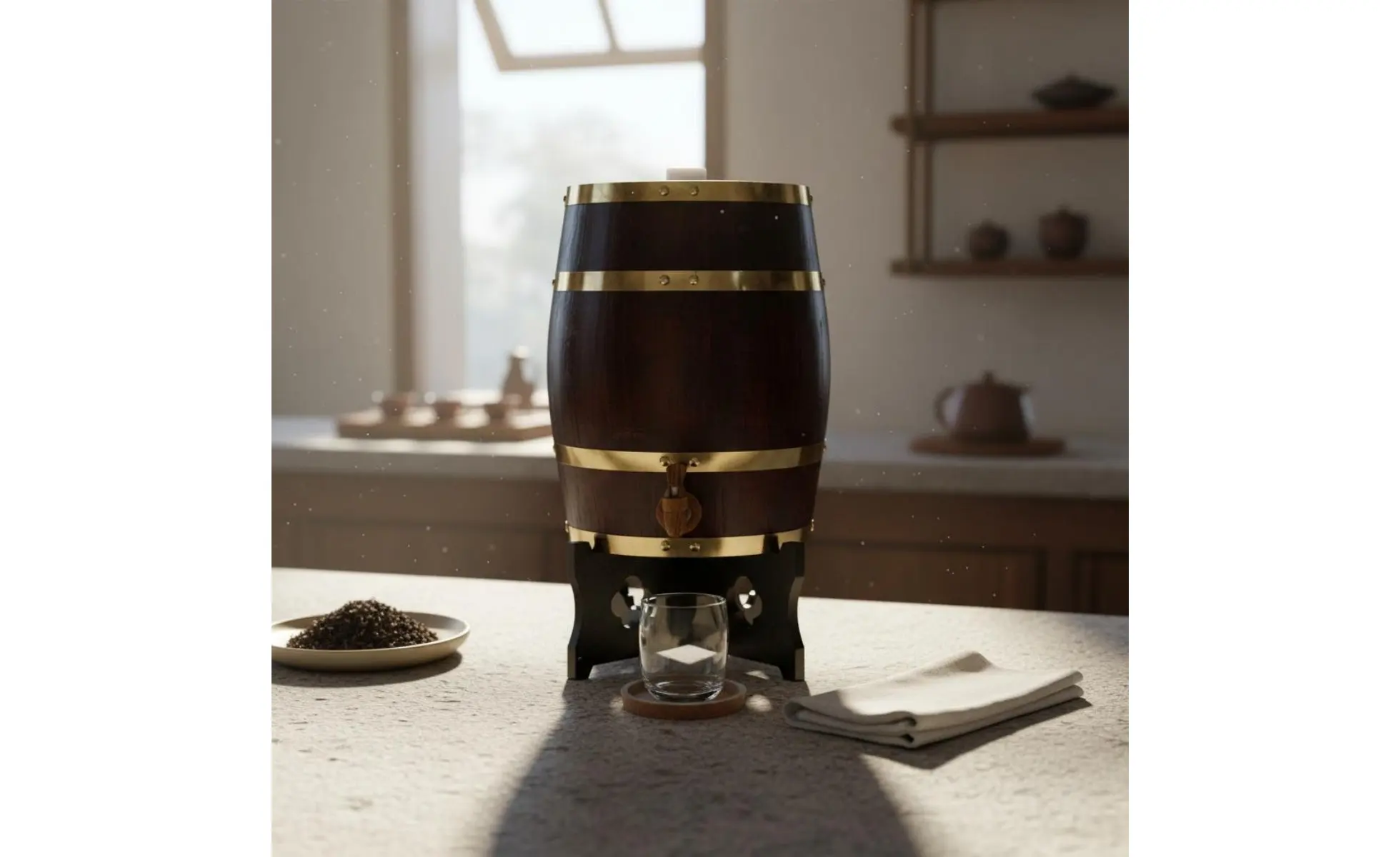 Barril de madera decorativo con grifo para servir bebidas