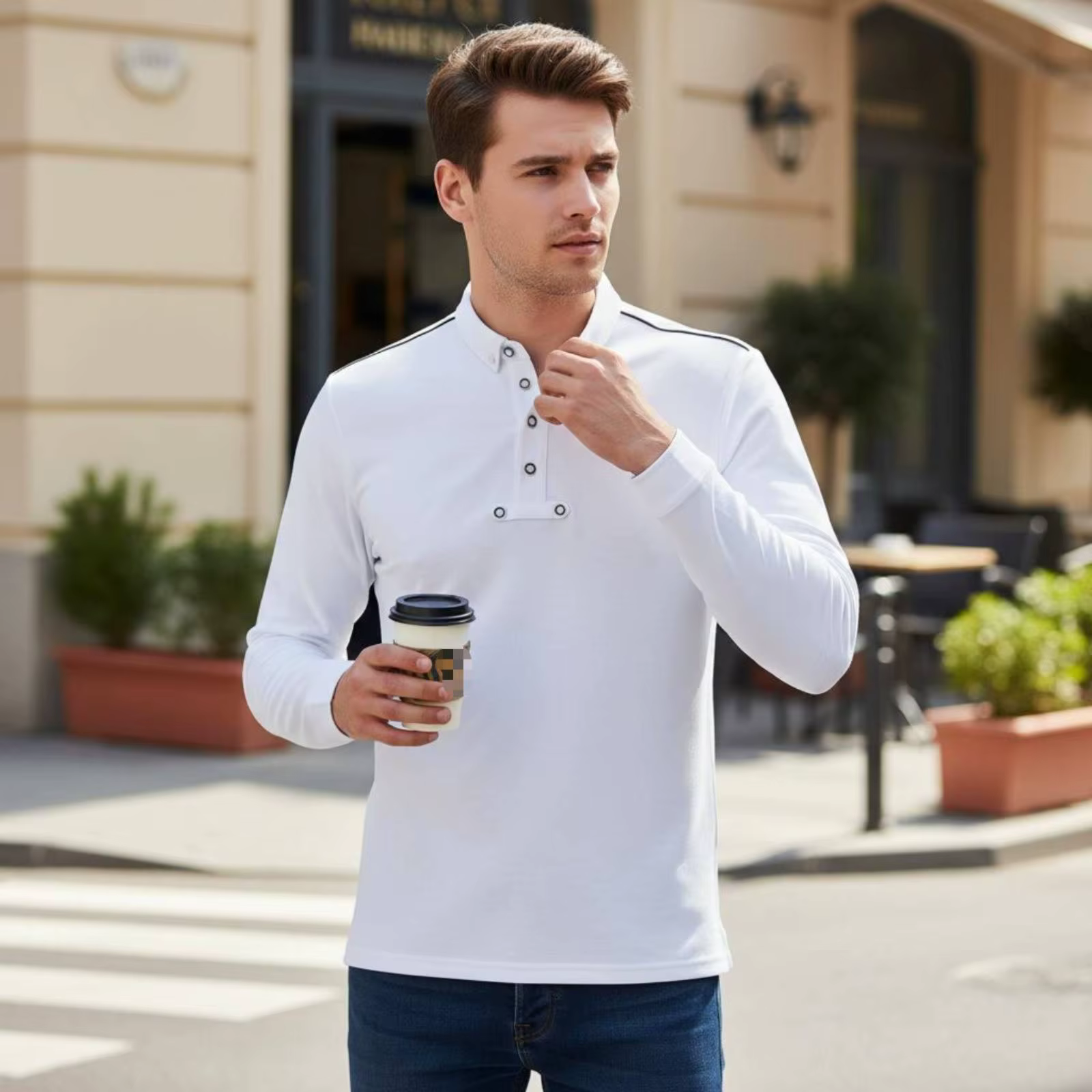 Polo ecuestre elástico de manga larga para hombre con cuello alto - imagen 5