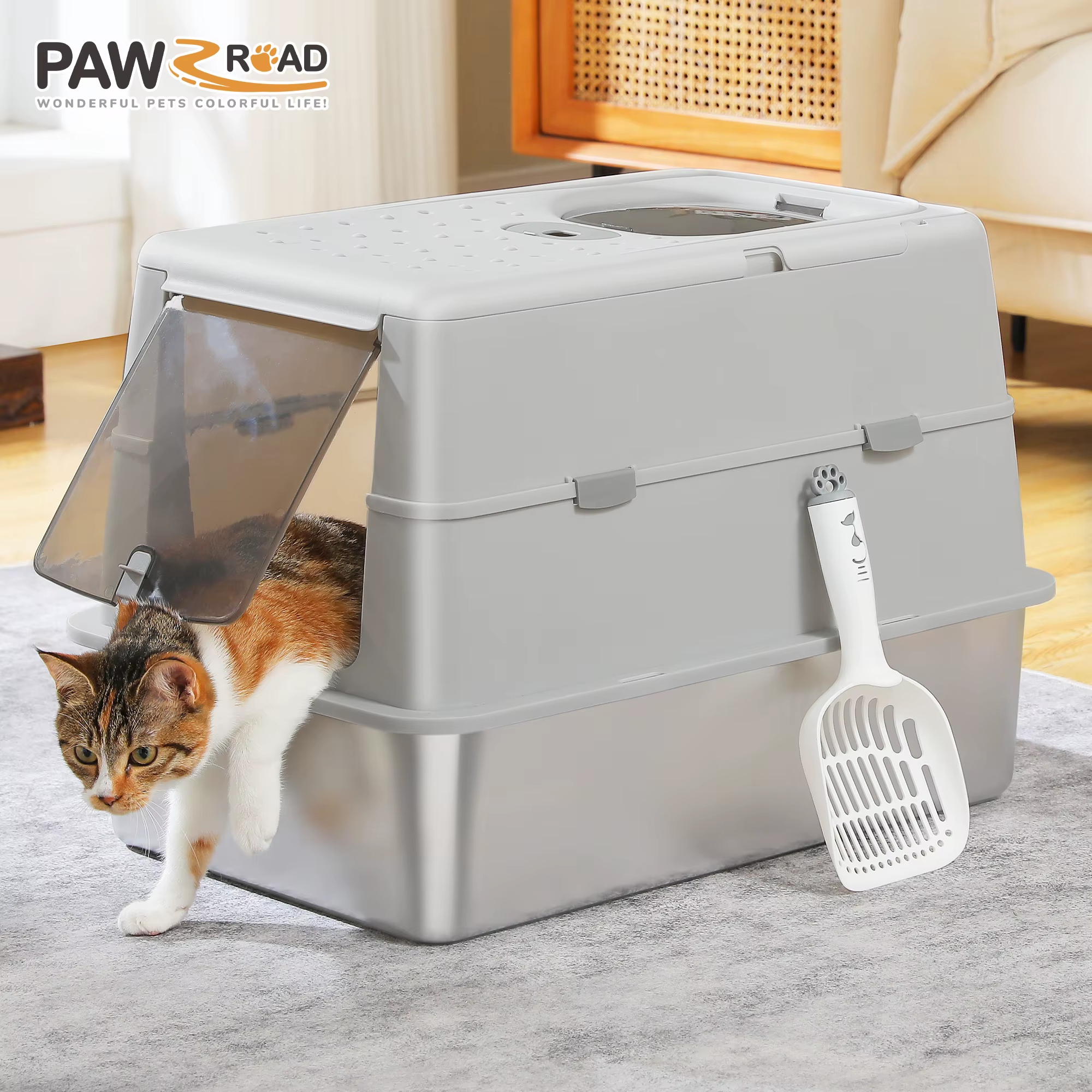 Caja de arena para gatos XL de acero inoxidable con tapa y escalón - imagen 4