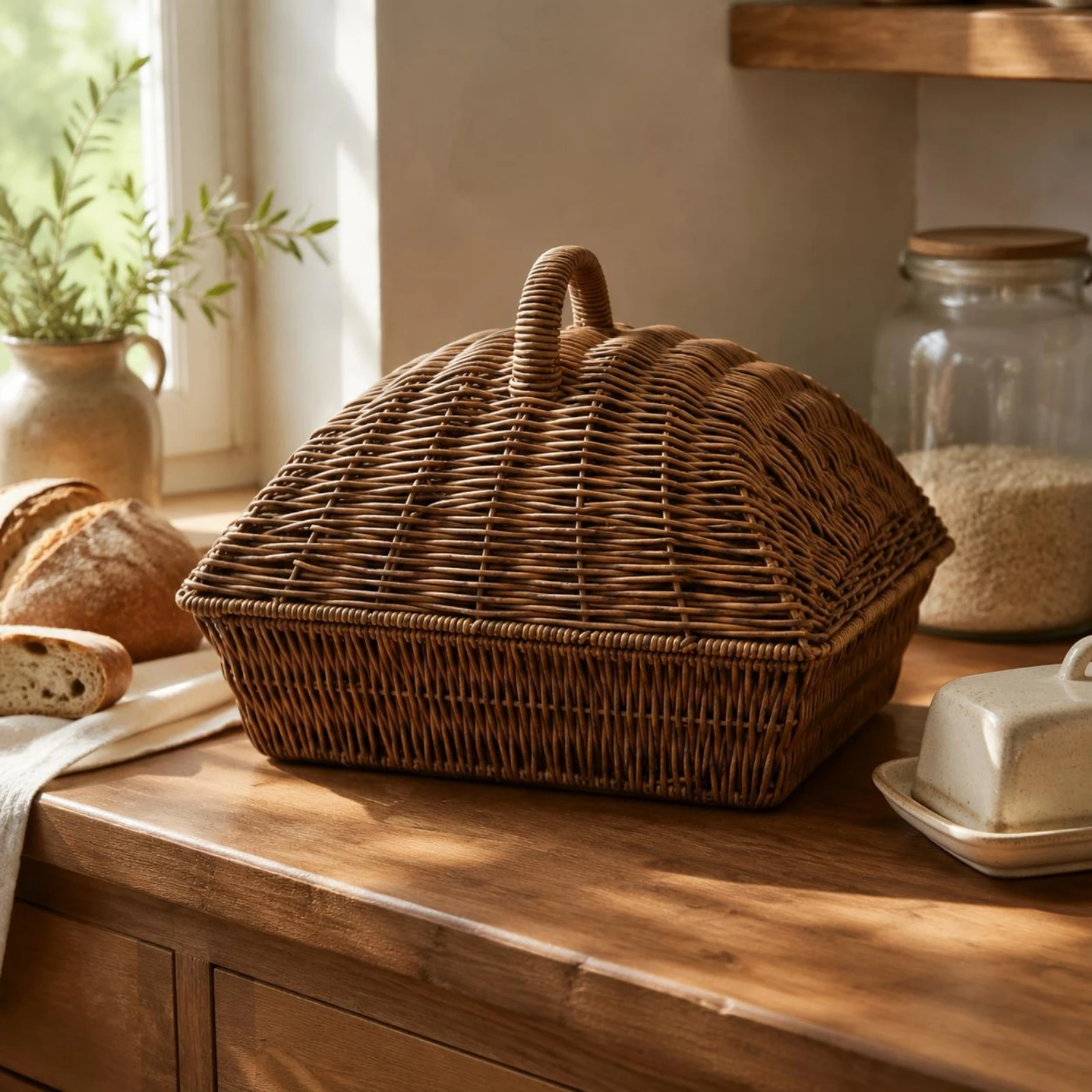 Cesta de pan con tapa de mimbre redonda, artesanal para cocina - imagen 2