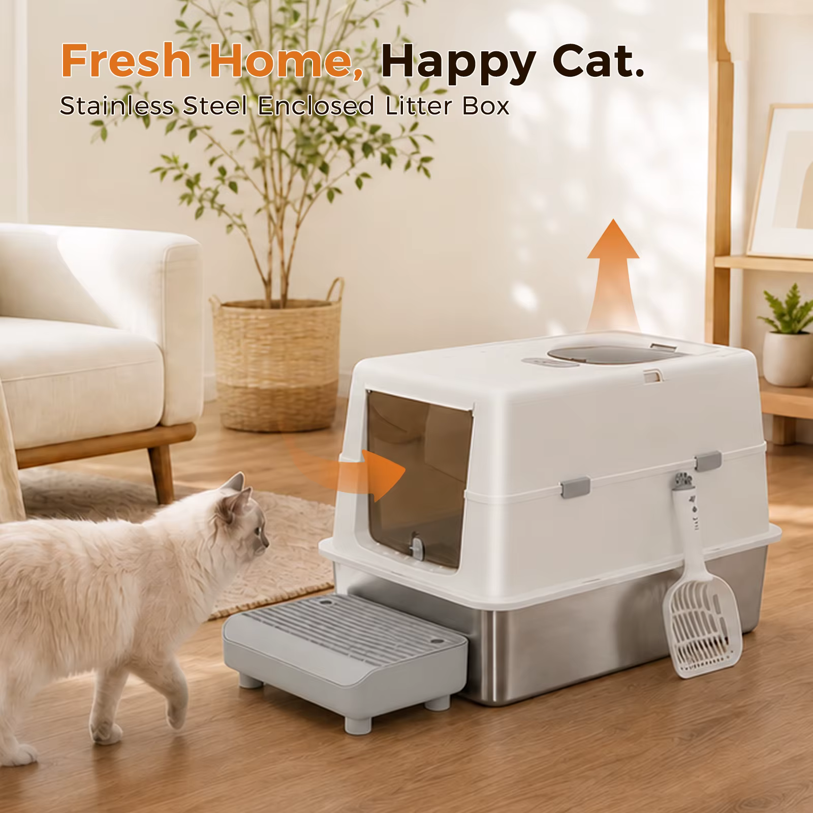 Caja de arena para gatos XL de acero inoxidable con tapa y escalón - imagen 2