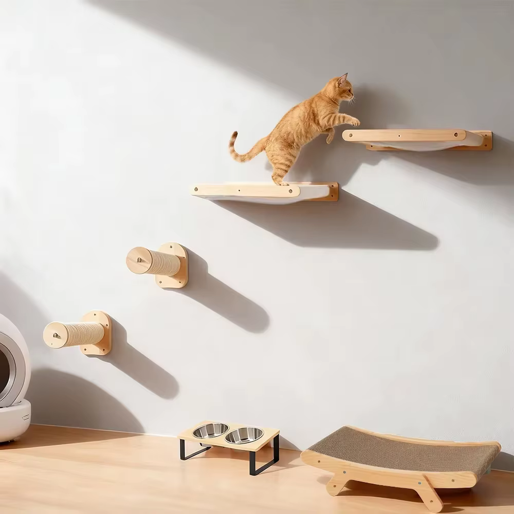 Estantes de escalada para gatos con hamaca curva y rascador en pared