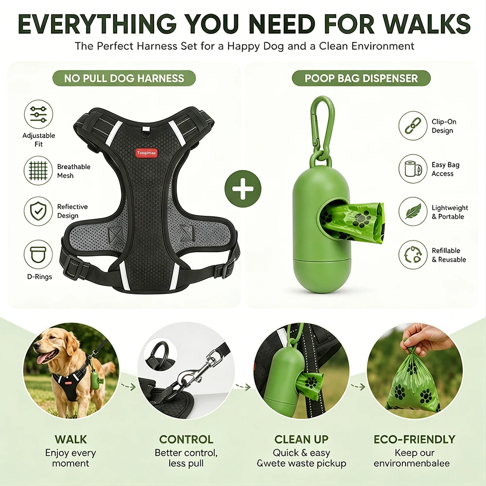 Arnés antitirones para perros con dispensador de bolsas reflectantes
