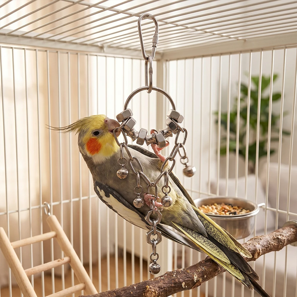 Juguete para loros de acero inoxidable con cadena y cascabeles - imagen 2