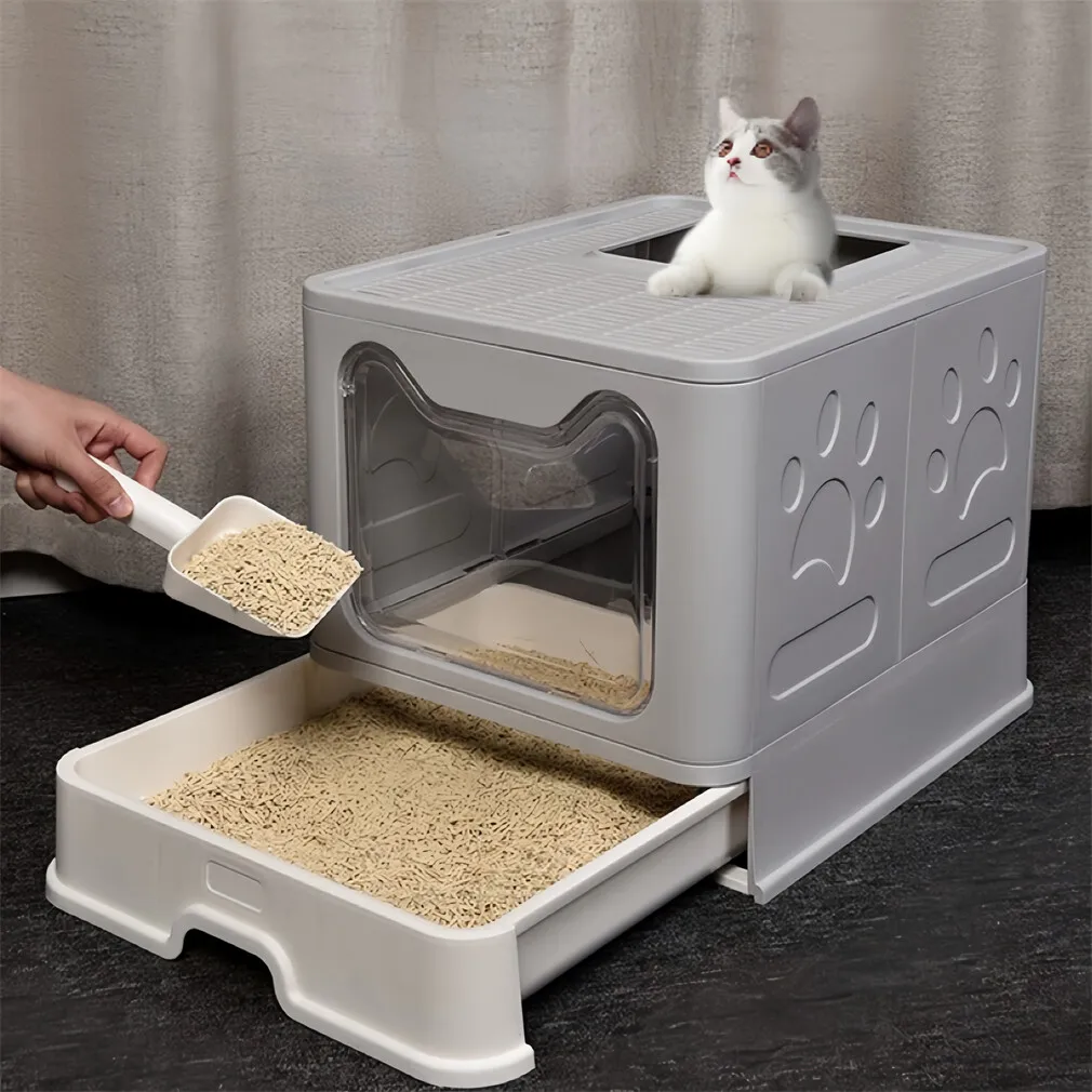 Caja de arena grande para gatos con cajón antisalpicaduras y pala