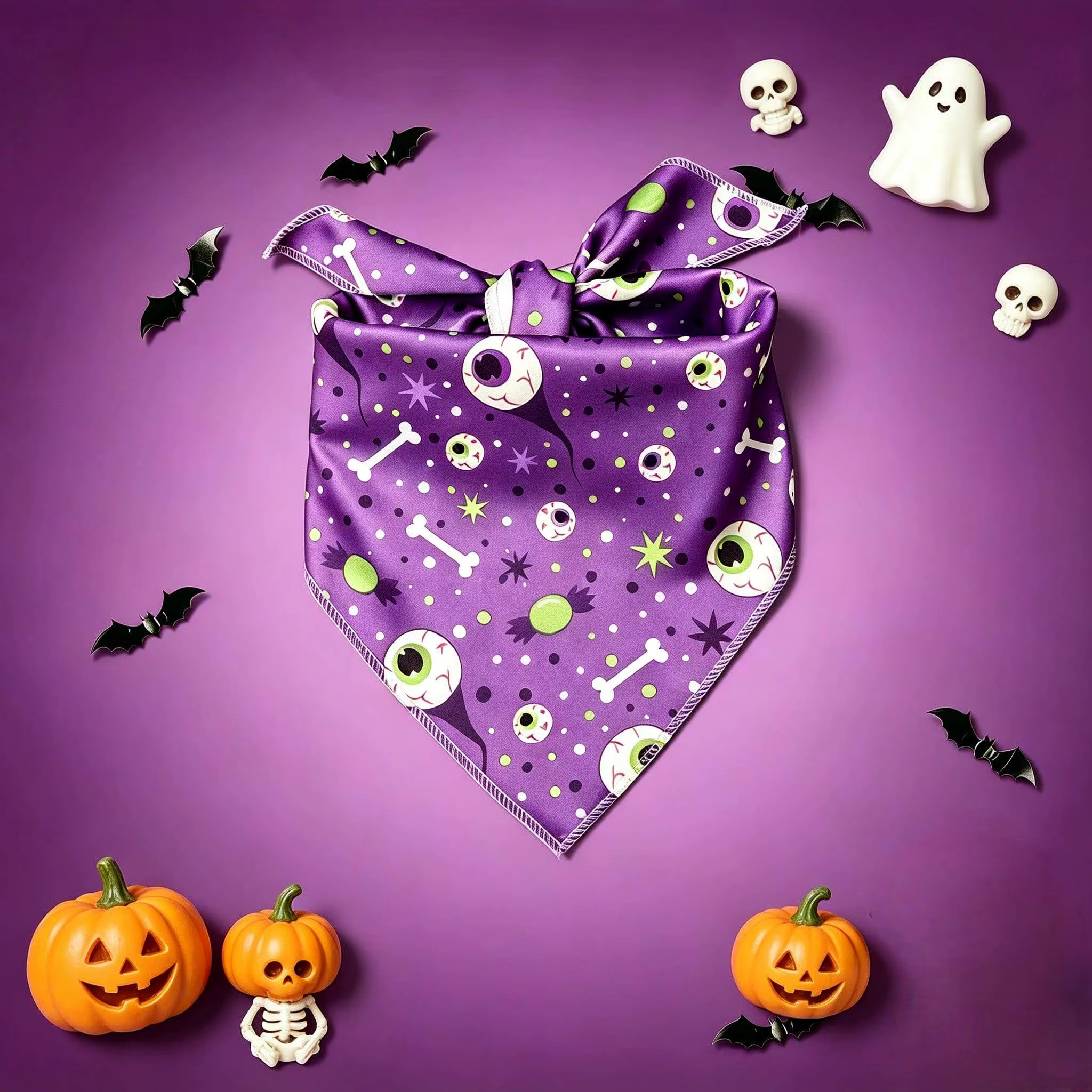 pañuelo triangular morado para perro de Halloween con estampado de ojos y huesos espeluznantes en mascota