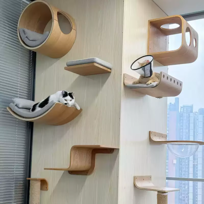 Árbol para gatos de madera de pared con hamaca y casa