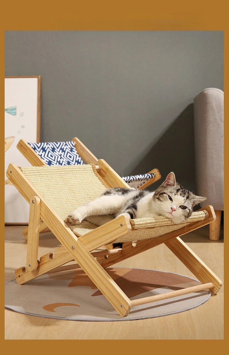Vista frontal del sillón de sisal para gatos mostrando la superficie rugosa y el interior plegable