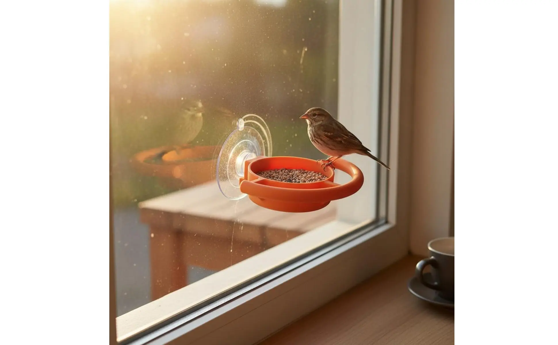Vista del comedero para aves instalado en ventana
