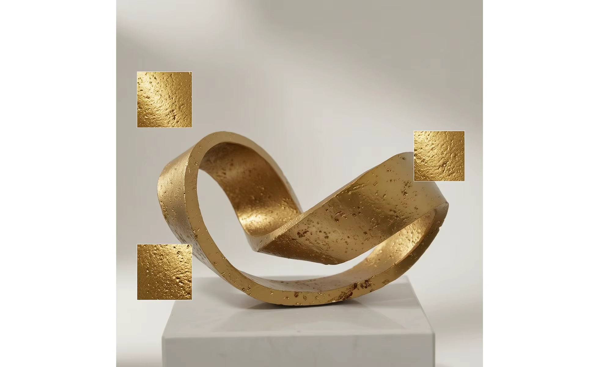 Escultura geométrica de bucle dorada sobre una superficie decorativa