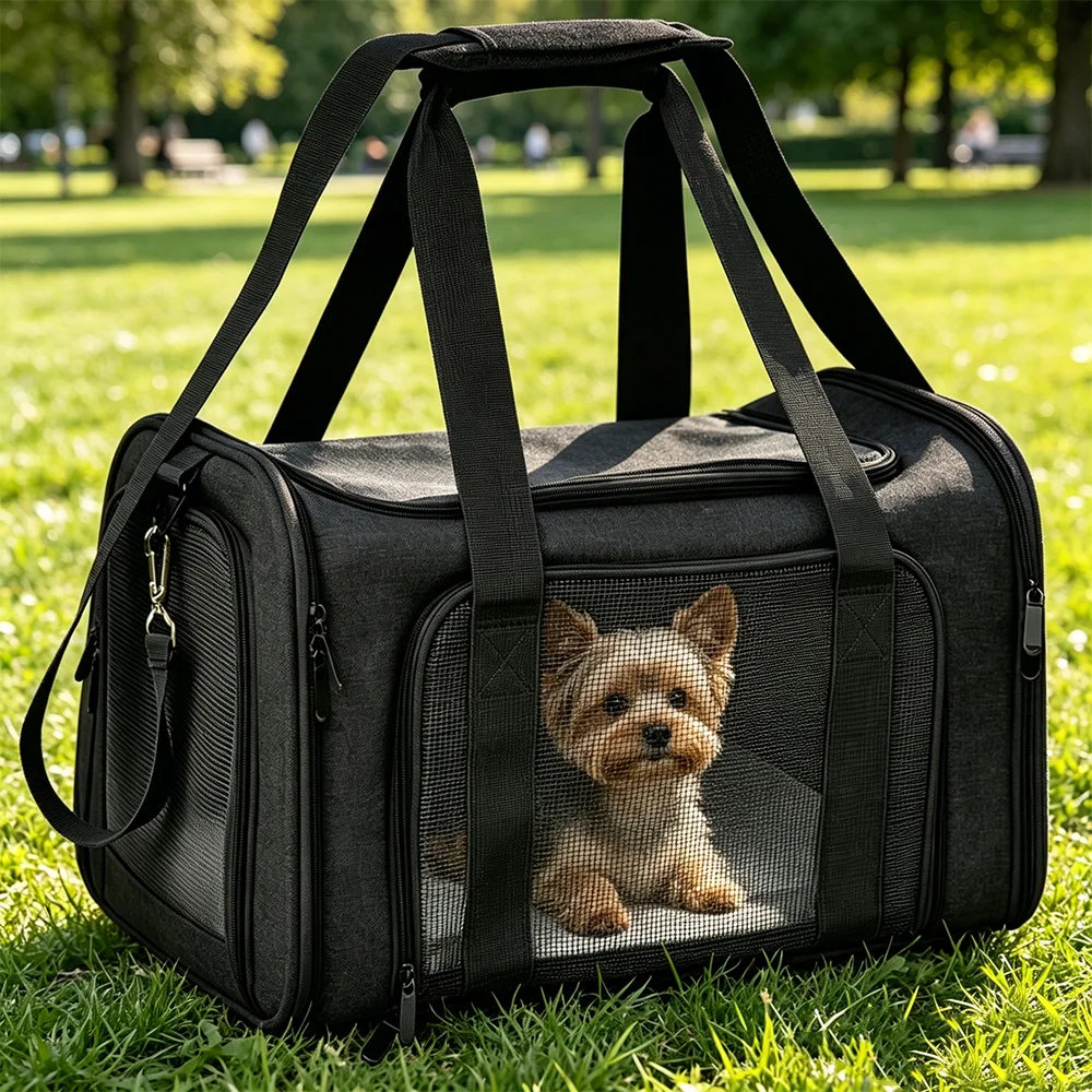 Bolsa de transporte transpirable para mascotas gris y negra