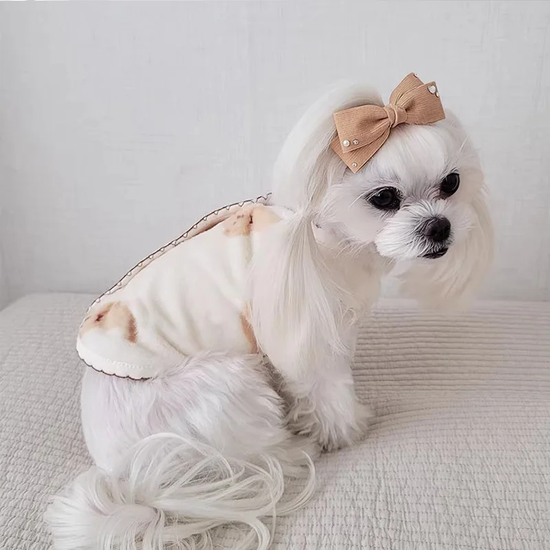 Modelo de perro Maltés usando el chaleco en tono cereza