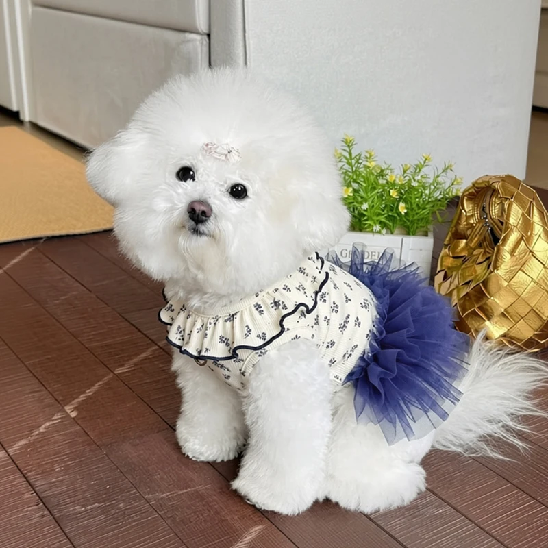 Minifalda floral de verano para Bulldog Francés con tutú y velos