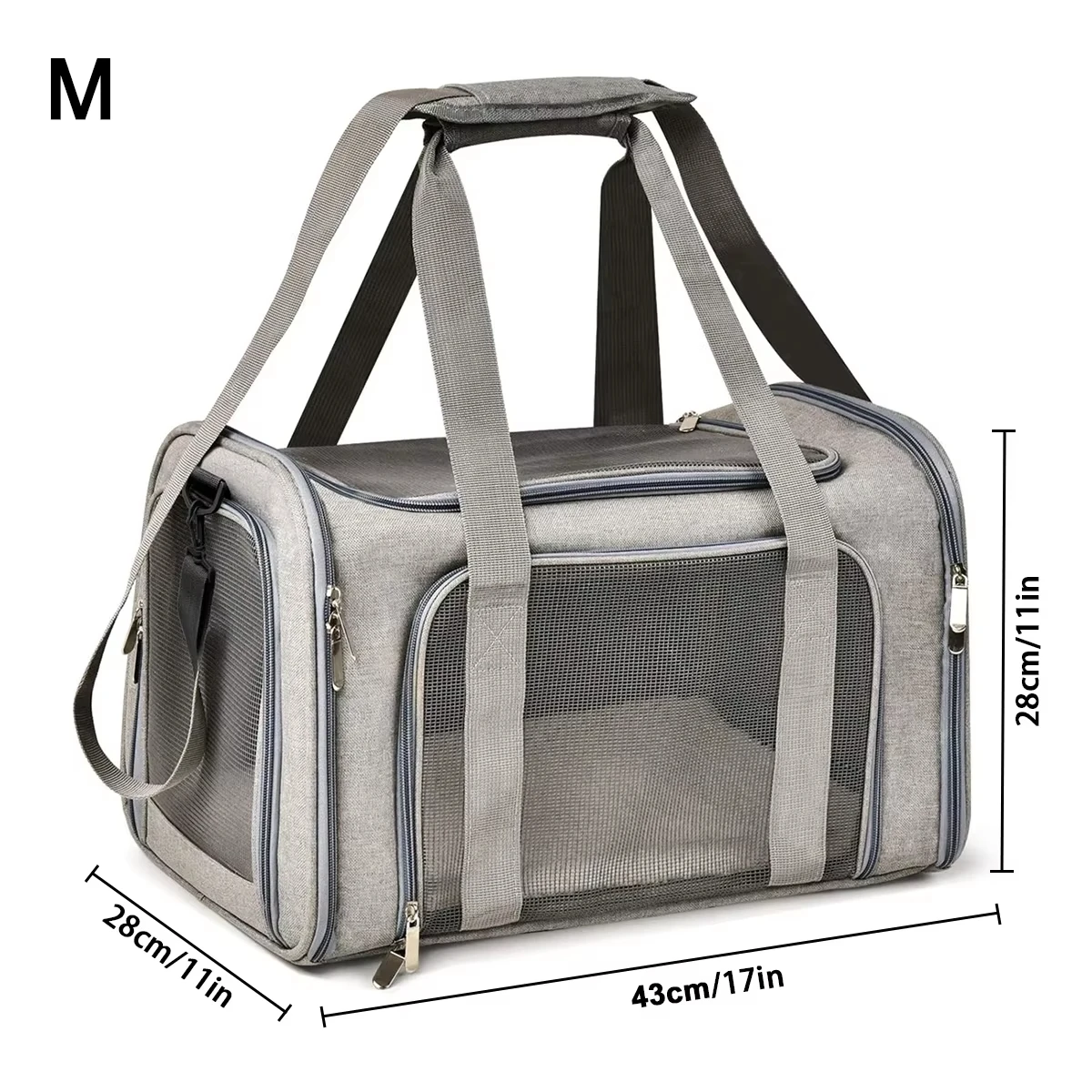 Vista de la bolsa de viaje con laterales suaves para mascotas