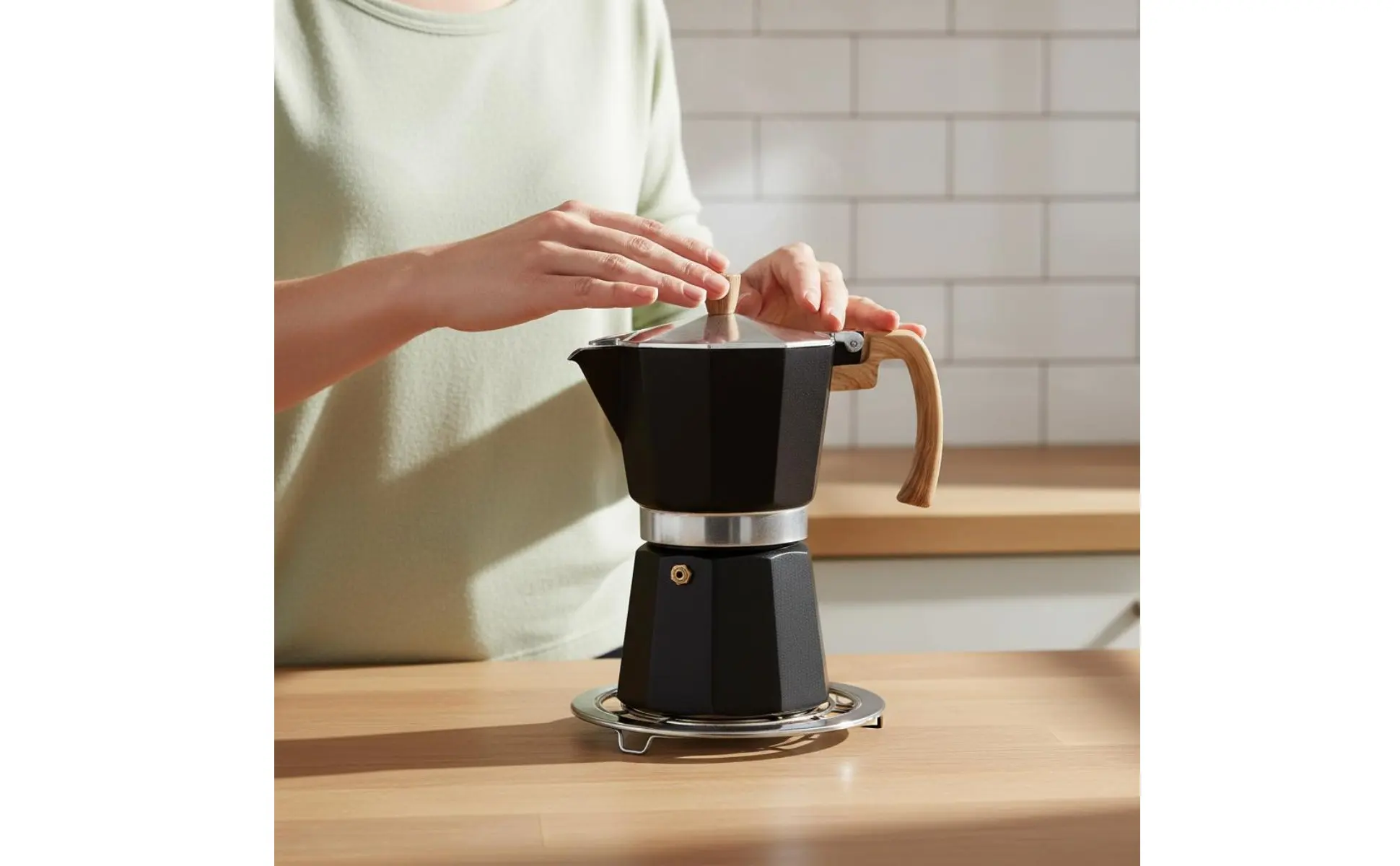 Cafetera italiana octogonal lista para preparar café