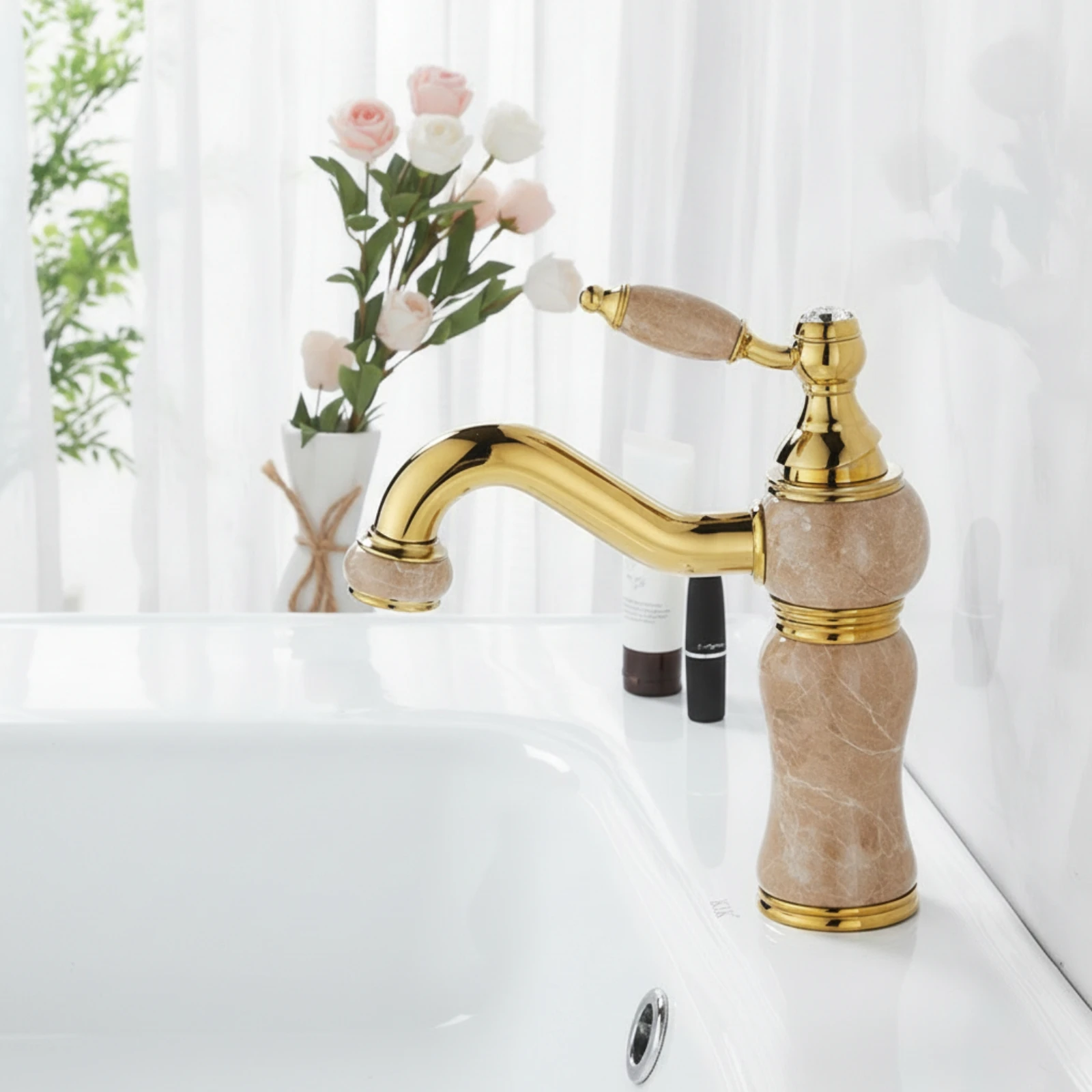 Grifo lavabo vintage cuello cisne giratorio – Oro pulido baño - imagen 2