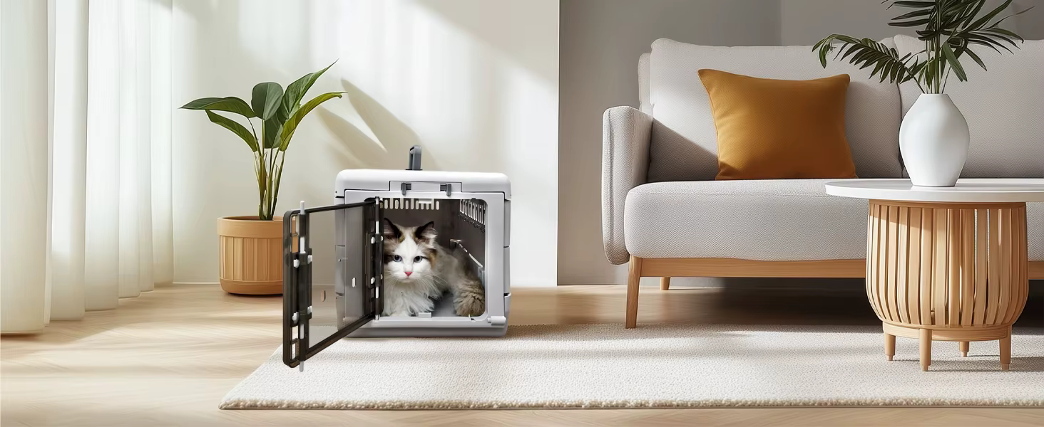 Transportín gris para gatos con puerta frontal