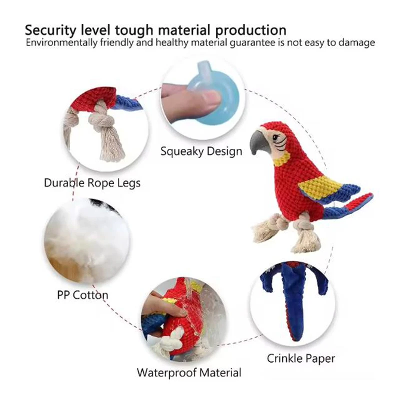 Vista del peluche de loro resistente a mordidas