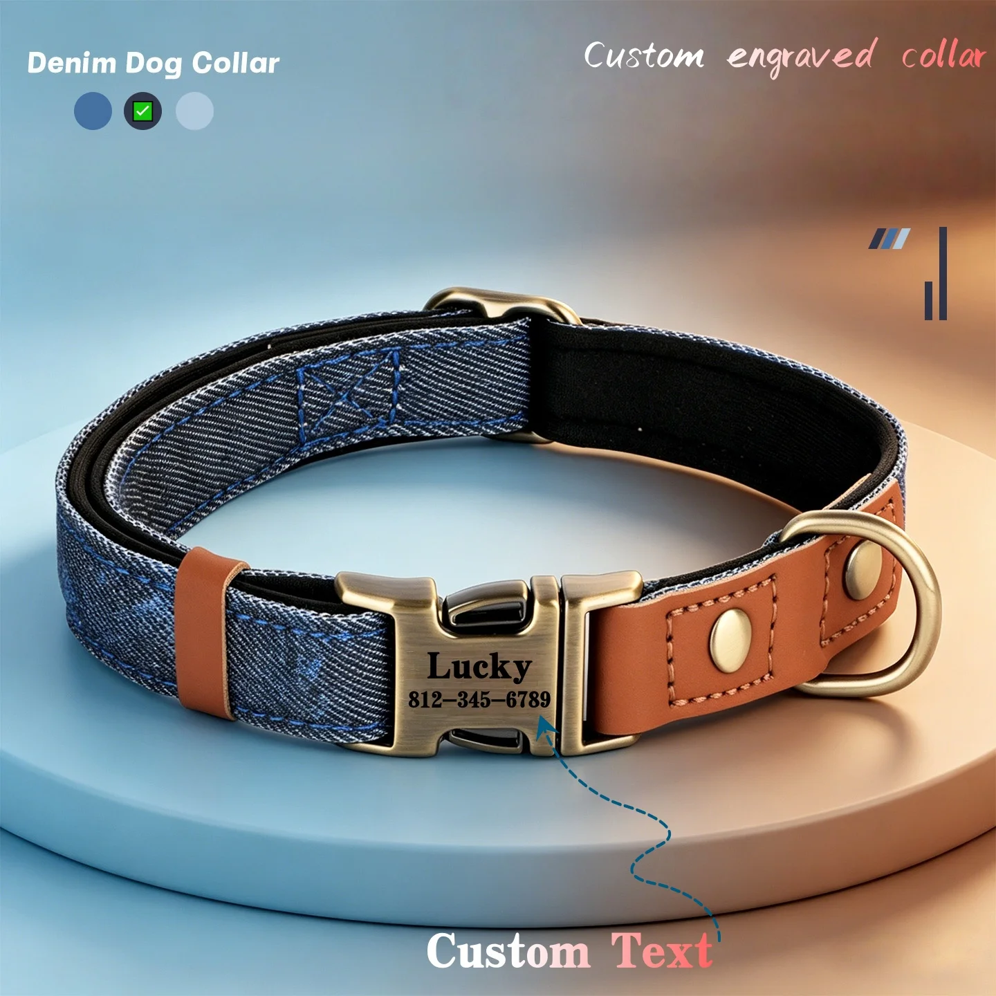 Collar de mezclilla personalizado con grabado para perros, hebilla