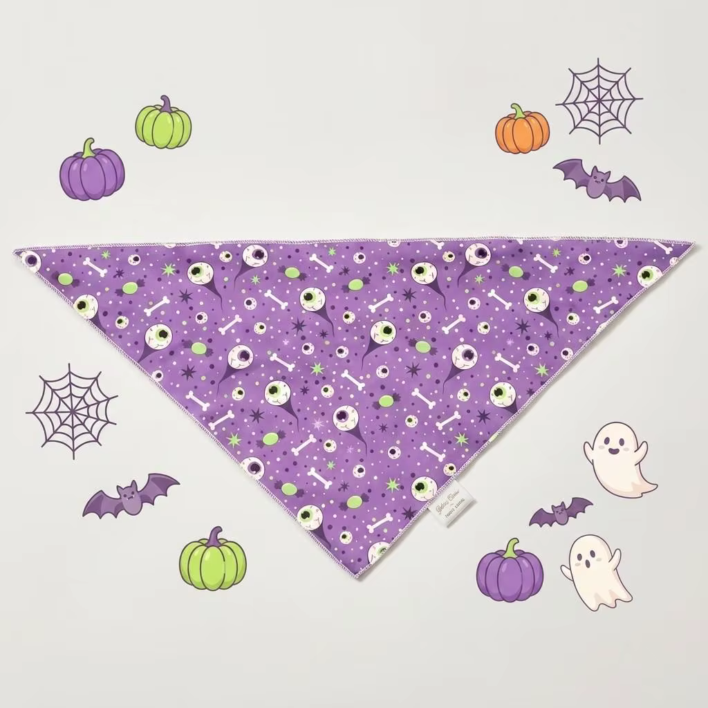 pañuelo triangular morado para perro de Halloween con estampado de ojos y huesos espeluznantes mascota feliz