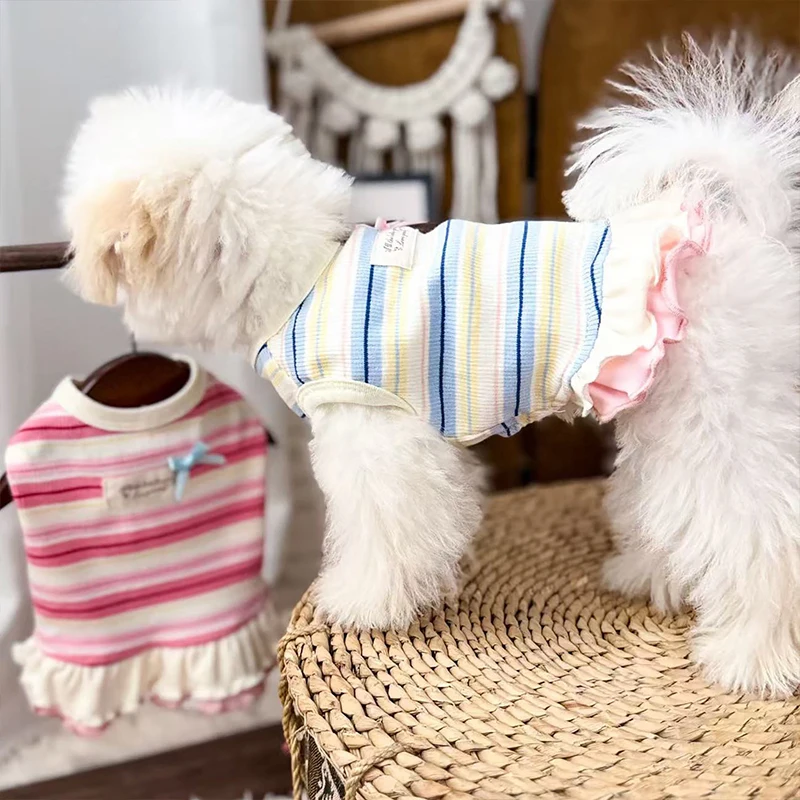 Vestido verano a rayas algodón con lazo rosa para gatos y chihuahua - imagen 2