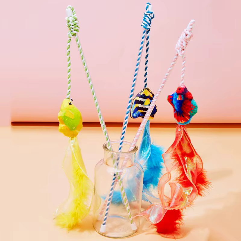 Juguete interactivo para gatos varita de pez plumas y cuerda algodón