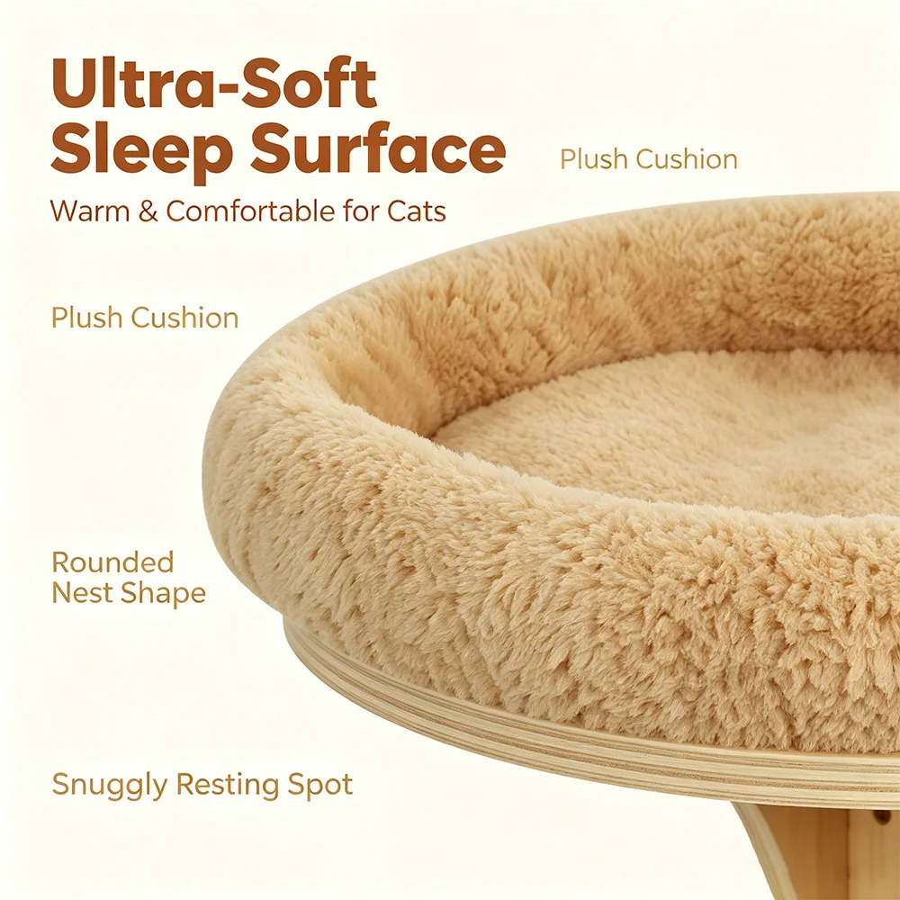 Posadera redonda para gatos: cama montada en pared con estante de madera - imagen 2