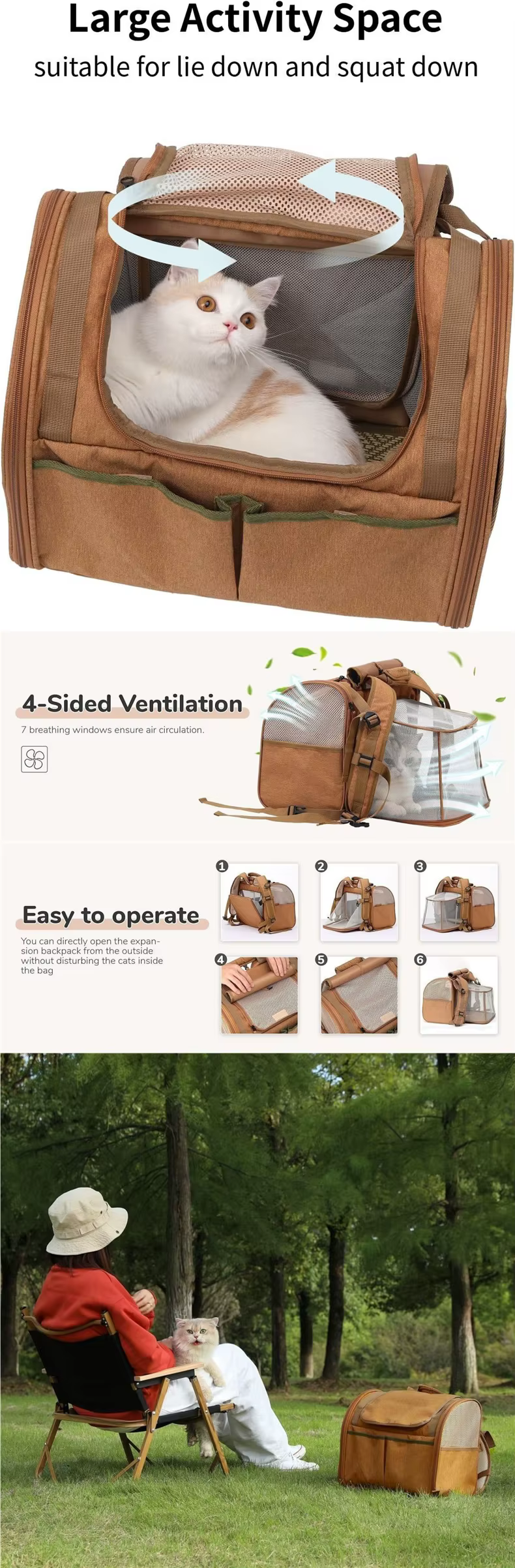 Interior amplio de la mochila plegable para gatos