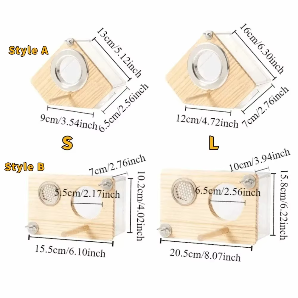 Caja de nido transparente para loros con percha frontal y ventilación panal