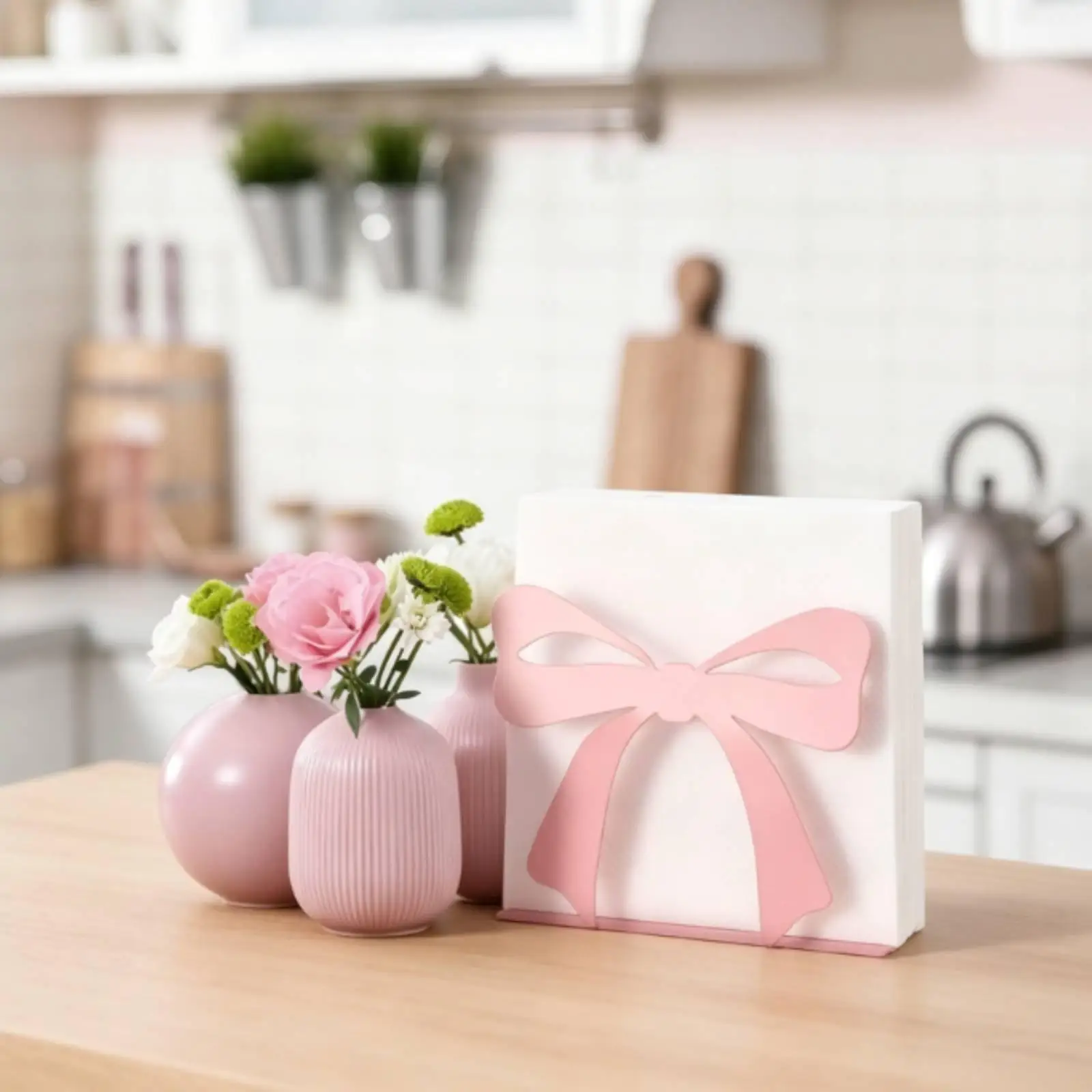 Porta servilletas de hierro rosa en mesa de comedor